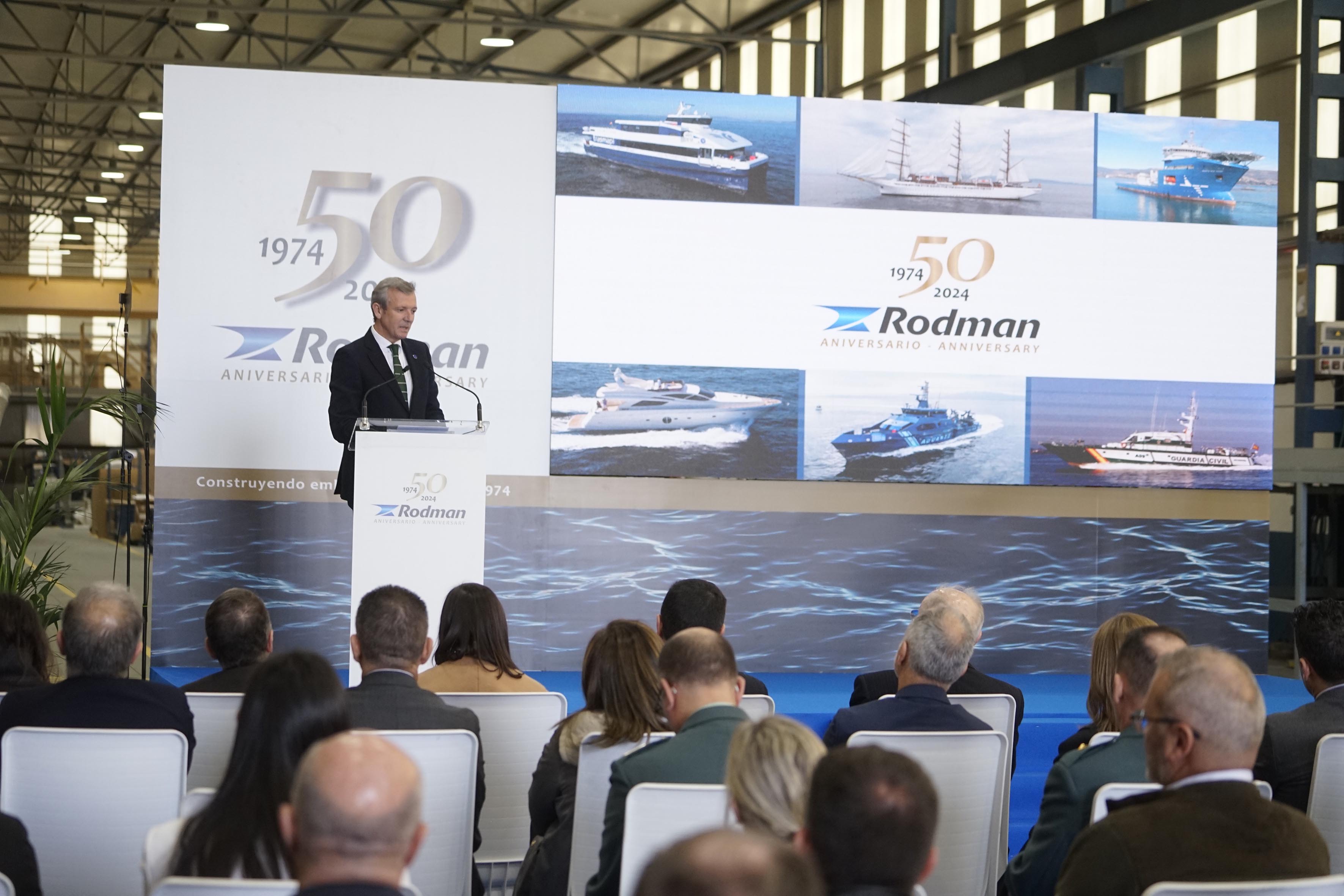 Alfonso Rueda, presidente de la Xunta de Galicia, durante su intervención en el 50 aniversario Rodman